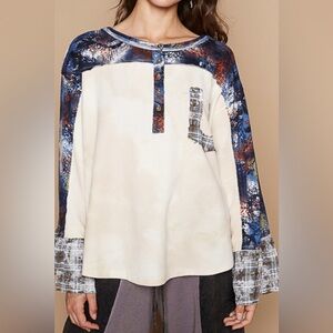 POL Blue and Cream Button-Up Sweatshirt